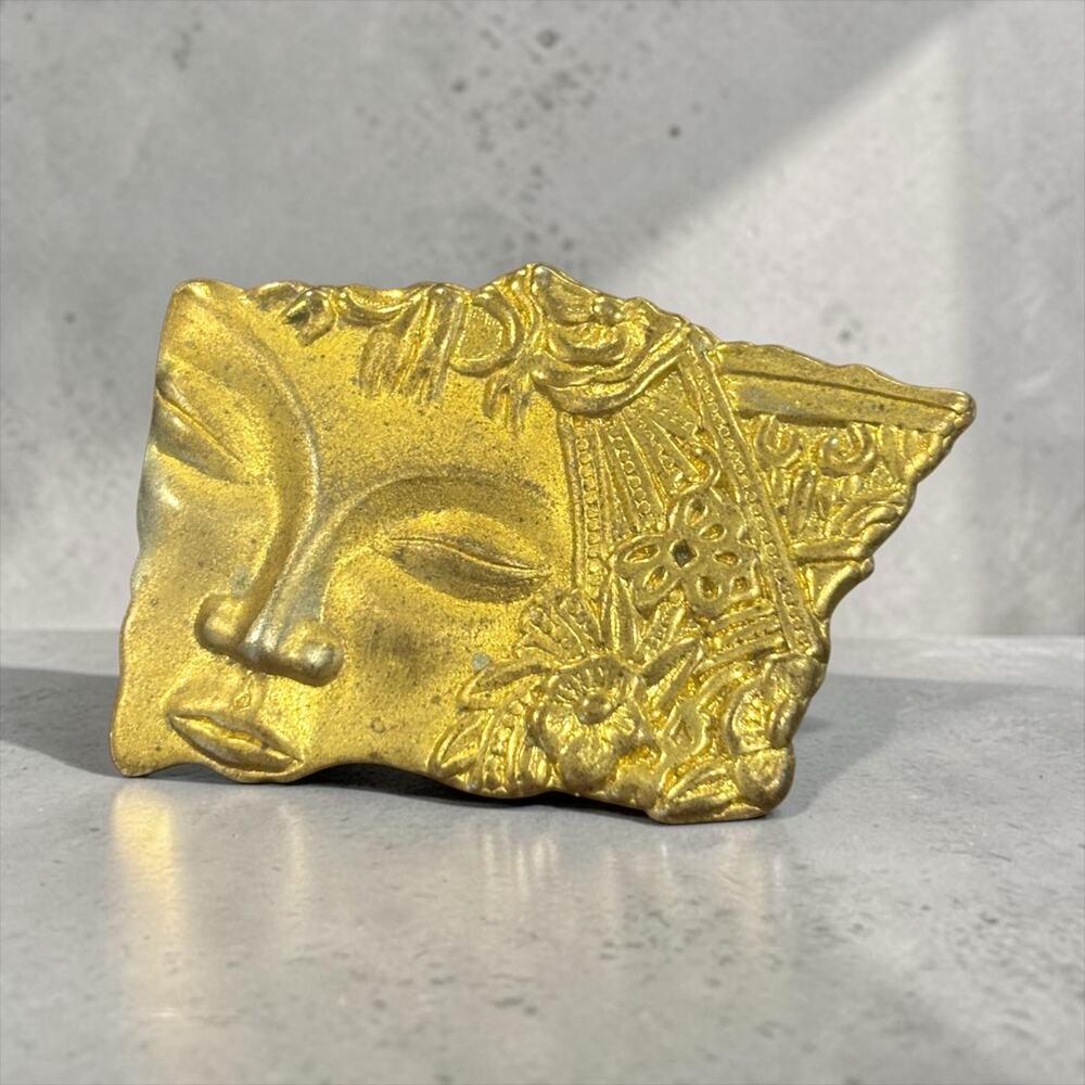 Gold Buddha Face Brooch Pin Asian Figural Art Deco Style 80s Statement Jewelry